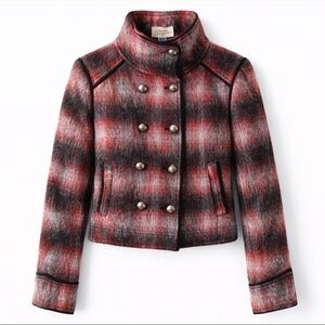Free People Plaid Military Jacket Cropped Wool Blend Double Breasted, S